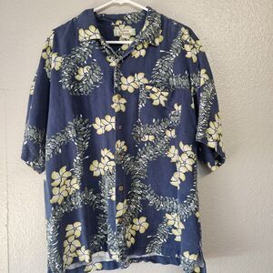 Tommy Bahama 100% Silk Hawaiian Shirt Mens Large Blue Floral Camp Button Up U402